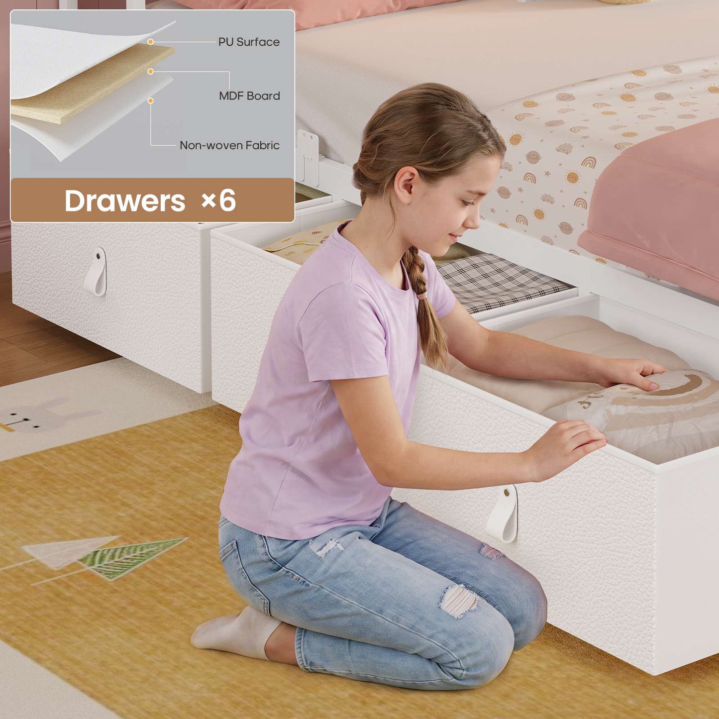 ADORNEVE Bed Frame Full Size with 6 Storage Drawers and RGB Headboard Kids Bed with Power Outlets and 2 Footboard Cubbies