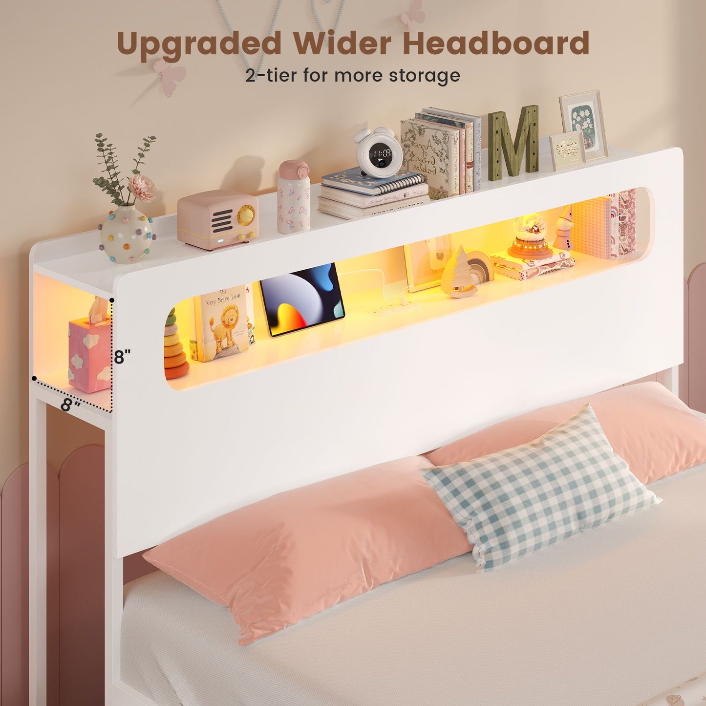 ADORNEVE Bed Frame Full Size with 6 Storage Drawers and RGB Headboard Kids Bed with Power Outlets and 2 Footboard Cubbies