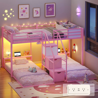 ADORNEVE Triple Bunk Bed with Storage Staircase and RGB Lights Metal Twin Over Twin Bed with Charging Station and Headboard Shelf