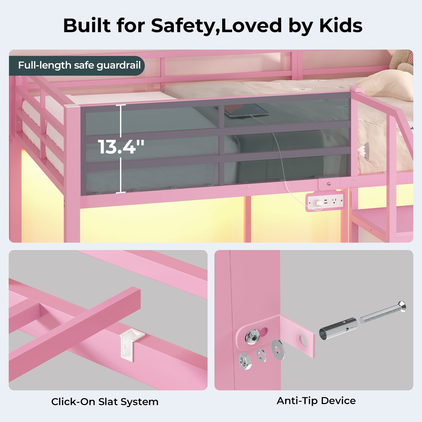 ADORNEVE Triple Bunk Bed with Storage Staircase and RGB Lights Metal Twin Over Twin Bed with Charging Station and Headboard Shelf