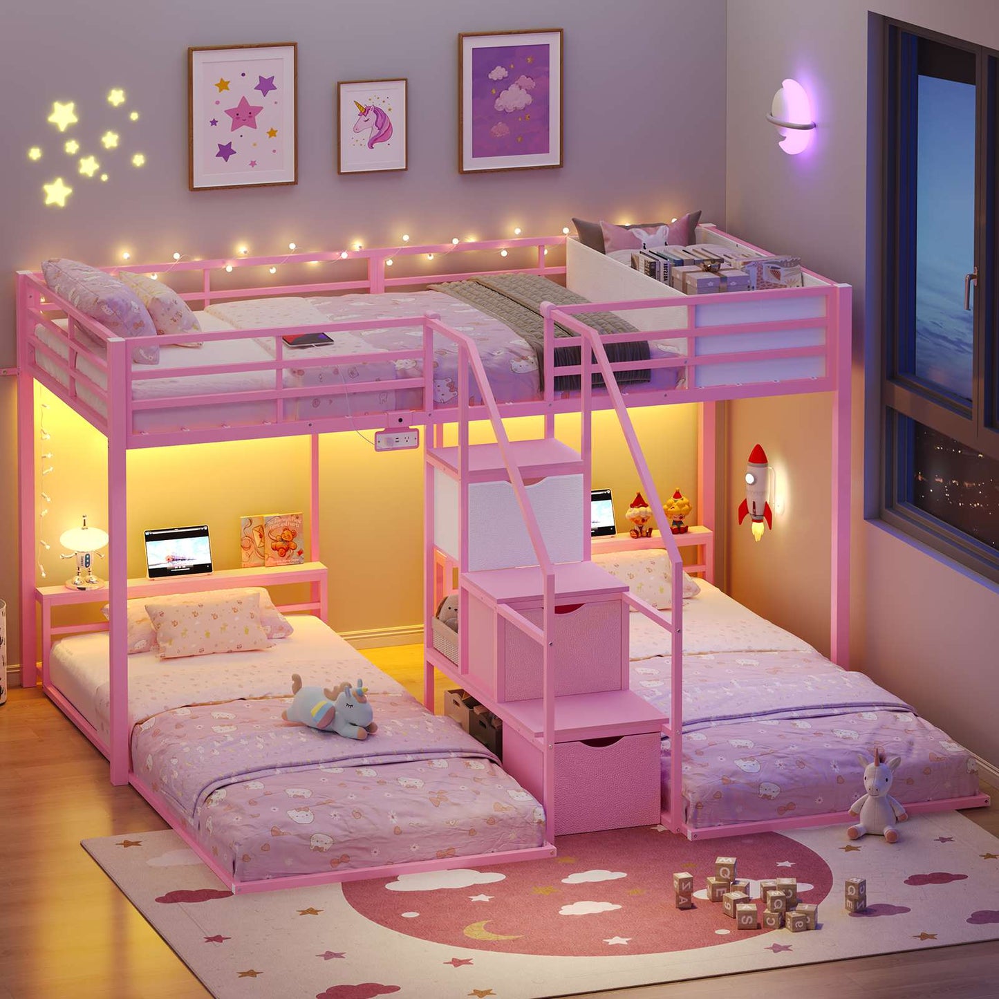 ADORNEVE Triple Bunk Bed with Storage Staircase and RGB Lights Metal Twin Over Twin Bed with Charging Station and Headboard Shelf