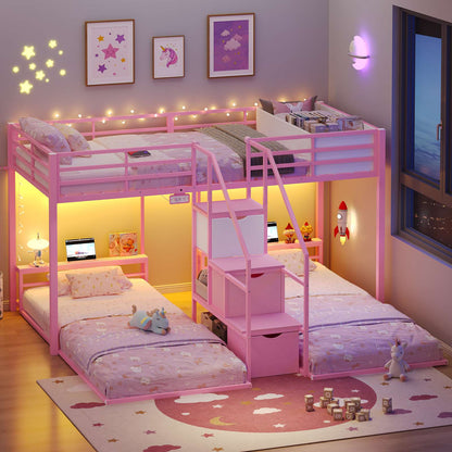 ADORNEVE Triple Bunk Bed with Storage Staircase and RGB Lights Metal Twin Over Twin Bed with Charging Station and Headboard Shelf