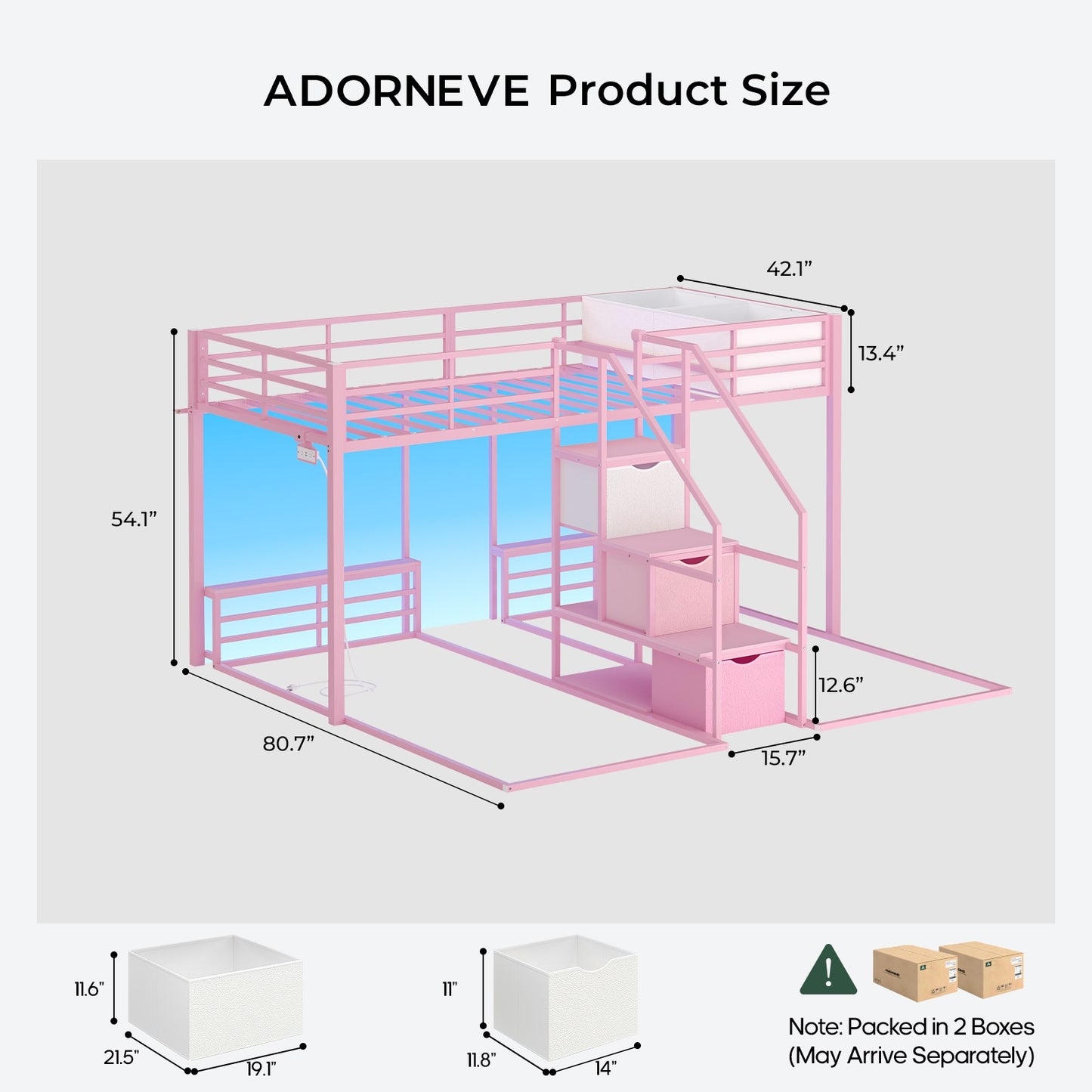ADORNEVE Triple Bunk Bed with Storage Staircase and RGB Lights Metal Twin Over Twin Bed with Charging Station and Headboard Shelf