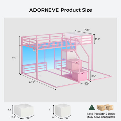 ADORNEVE Triple Bunk Bed with Storage Staircase and RGB Lights Metal Twin Over Twin Bed with Charging Station and Headboard Shelf