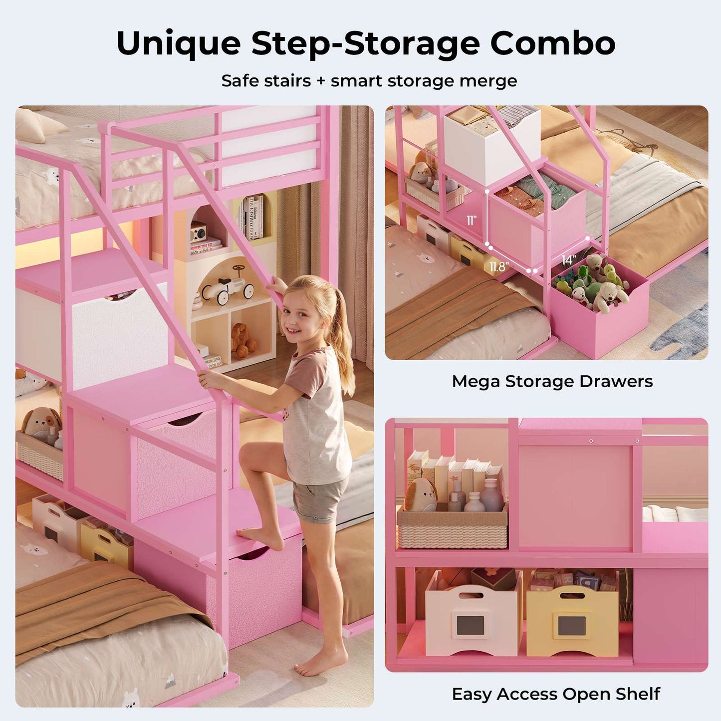 ADORNEVE Triple Bunk Bed with Storage Staircase and RGB Lights Metal Twin Over Twin Bed with Charging Station and Headboard Shelf