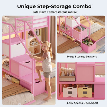 ADORNEVE Triple Bunk Bed with Storage Staircase and RGB Lights Metal Twin Over Twin Bed with Charging Station and Headboard Shelf