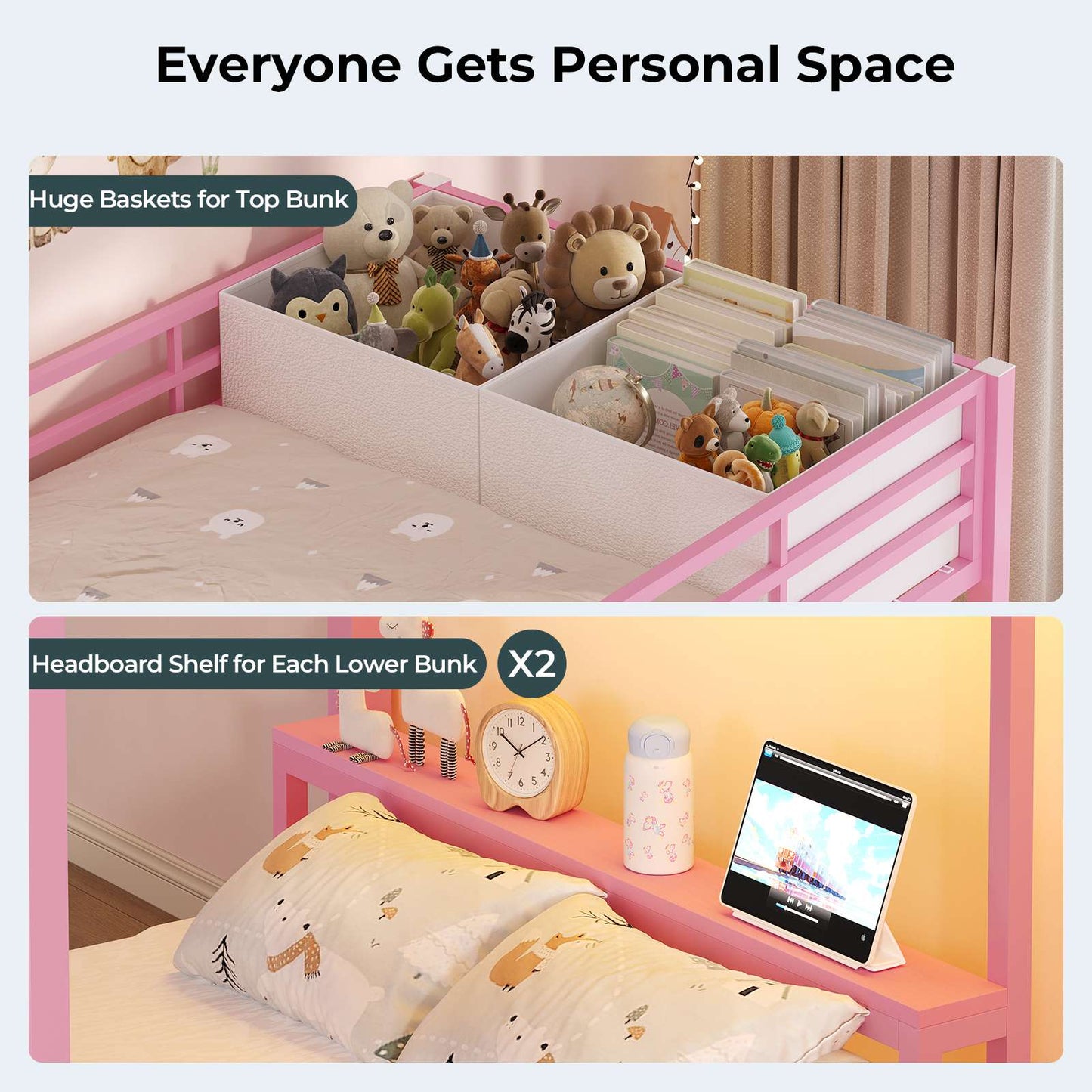 ADORNEVE Triple Bunk Bed with Storage Staircase and RGB Lights Metal Twin Over Twin Bed with Charging Station and Headboard Shelf