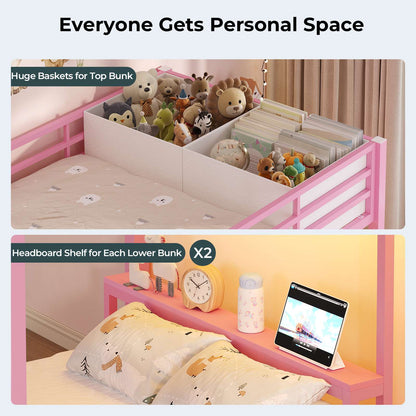 ADORNEVE Triple Bunk Bed with Storage Staircase and RGB Lights Metal Twin Over Twin Bed with Charging Station and Headboard Shelf