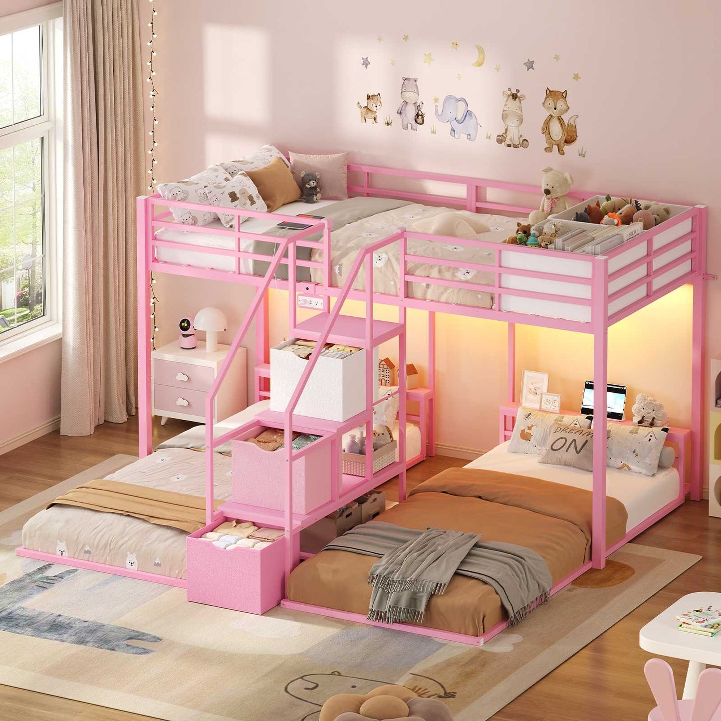 ADORNEVE Triple Bunk Bed with Storage Staircase and RGB Lights Metal Twin Over Twin Bed with Charging Station and Headboard Shelf