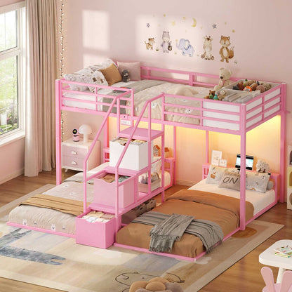 ADORNEVE Triple Bunk Bed with Storage Staircase and RGB Lights Metal Twin Over Twin Bed with Charging Station and Headboard Shelf