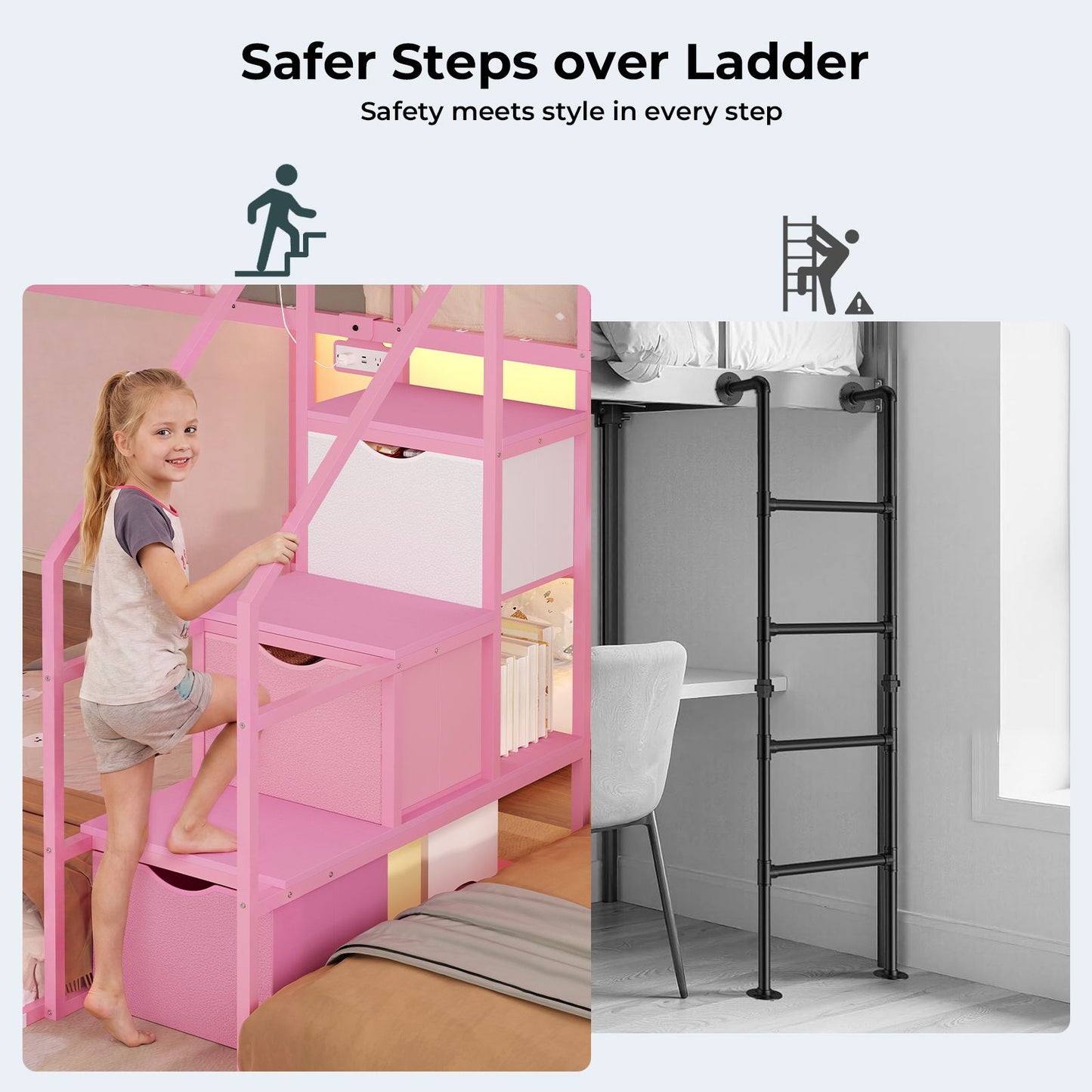 ADORNEVE Triple Bunk Bed with Storage Staircase and RGB Lights Metal Twin Over Twin Bed with Charging Station and Headboard Shelf