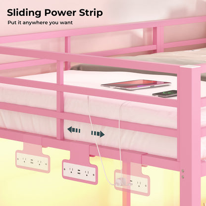 ADORNEVE Triple Bunk Bed with Storage Staircase and RGB Lights Metal Twin Over Twin Bed with Charging Station and Headboard Shelf