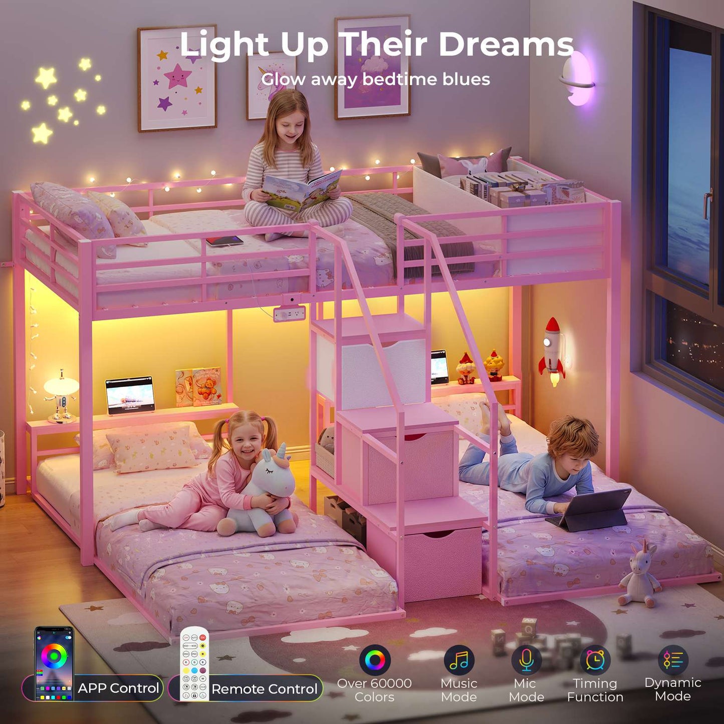 ADORNEVE Triple Bunk Bed with Storage Staircase and RGB Lights Metal Twin Over Twin Bed with Charging Station and Headboard Shelf