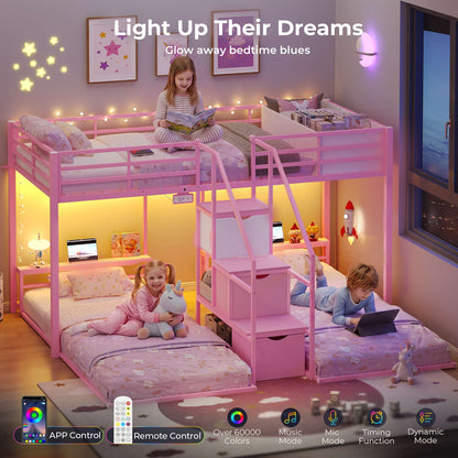 ADORNEVE Triple Bunk Bed with Storage Staircase and RGB Lights Metal Twin Over Twin Bed with Charging Station and Headboard Shelf