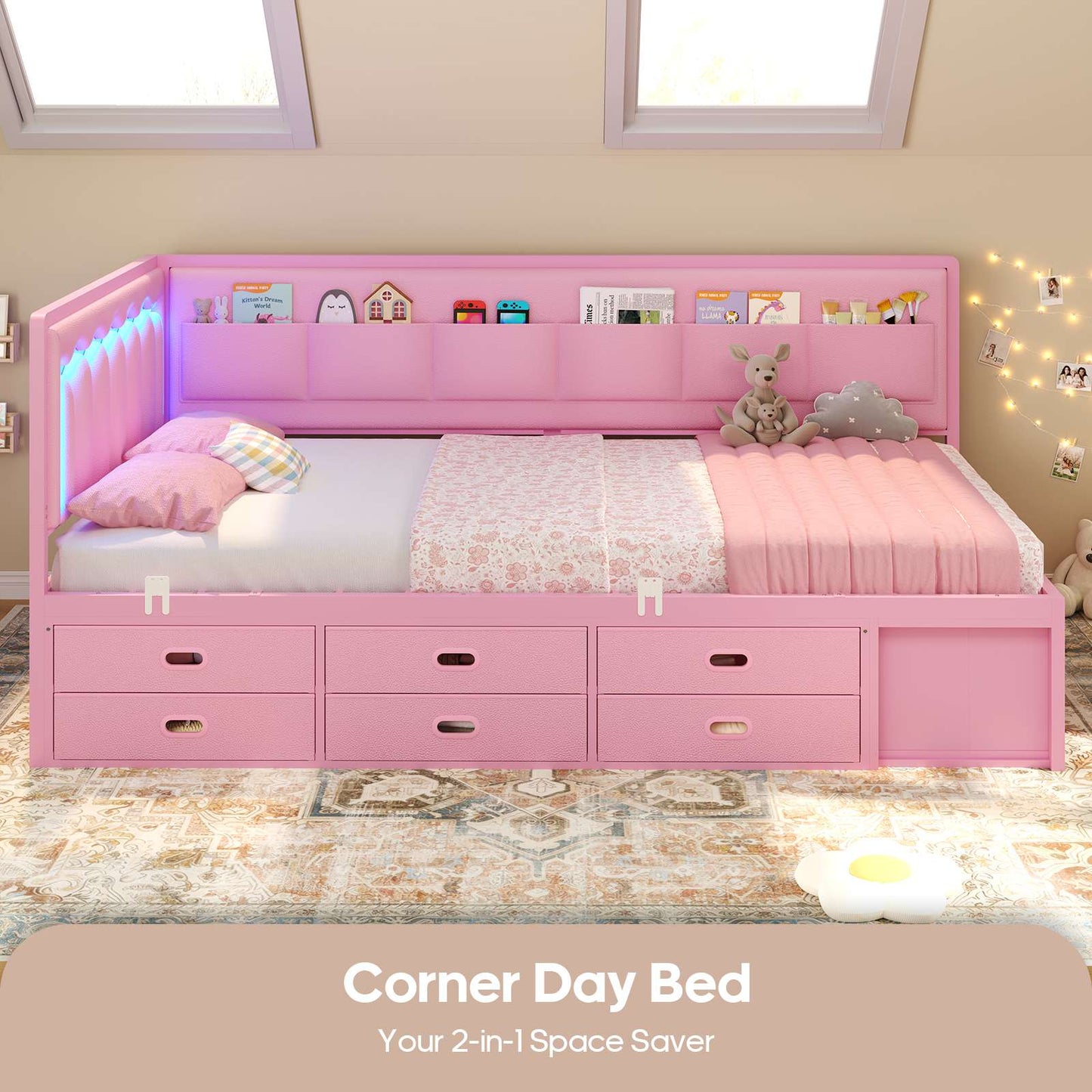 ADORNEVE Corner Bed Frame Twin size with 8 Drawers and 6 Storage Pockets Kids Daybed with RGB Wave Lights and L-Shaped Upholstered Guardrail