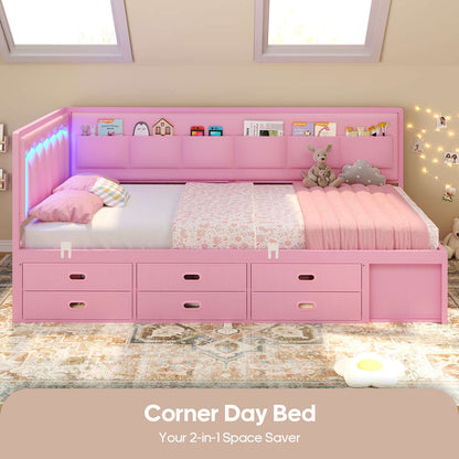 ADORNEVE Corner Bed Frame Twin size with 8 Drawers and 6 Storage Pockets Kids Daybed with RGB Wave Lights and L-Shaped Upholstered Guardrail