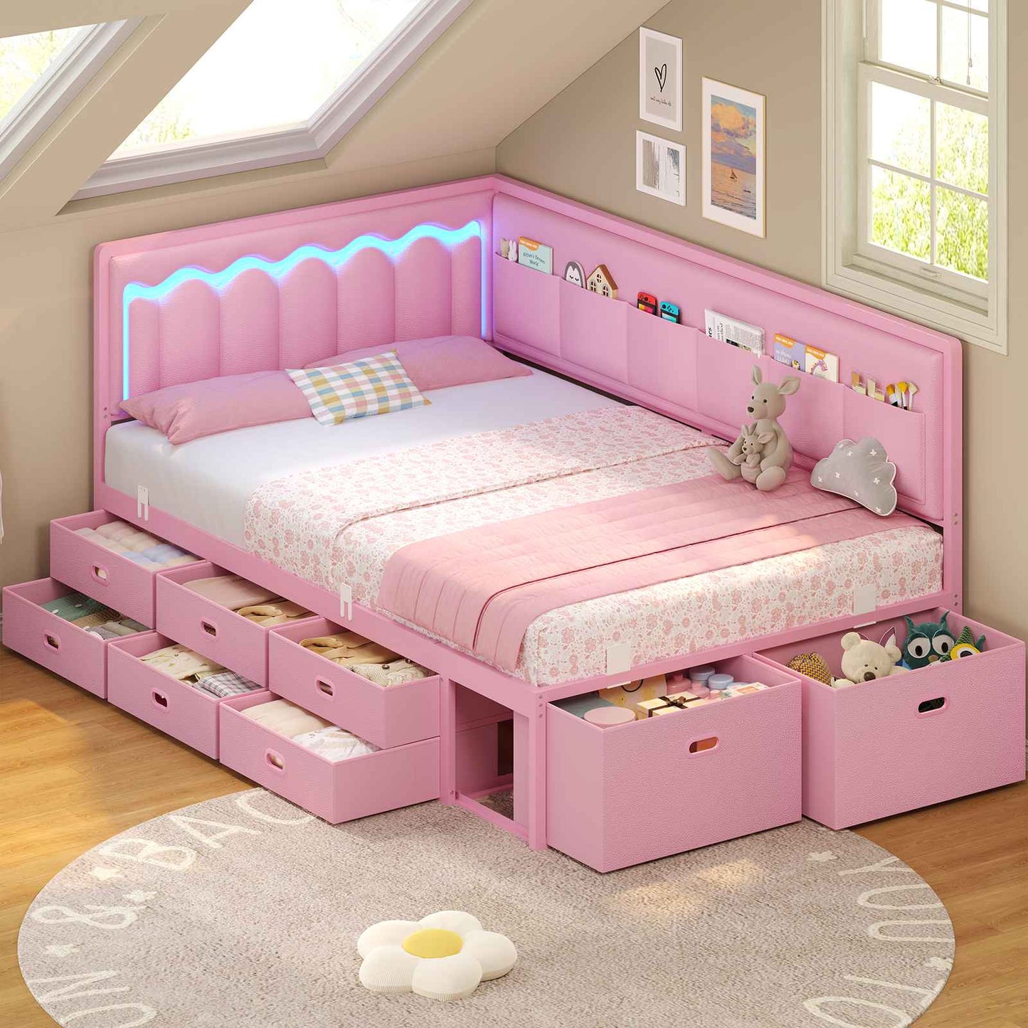 ADORNEVE Corner Bed Frame Twin size with 8 Drawers and 6 Storage Pockets Kids Daybed with RGB Wave Lights and L-Shaped Upholstered Guardrail