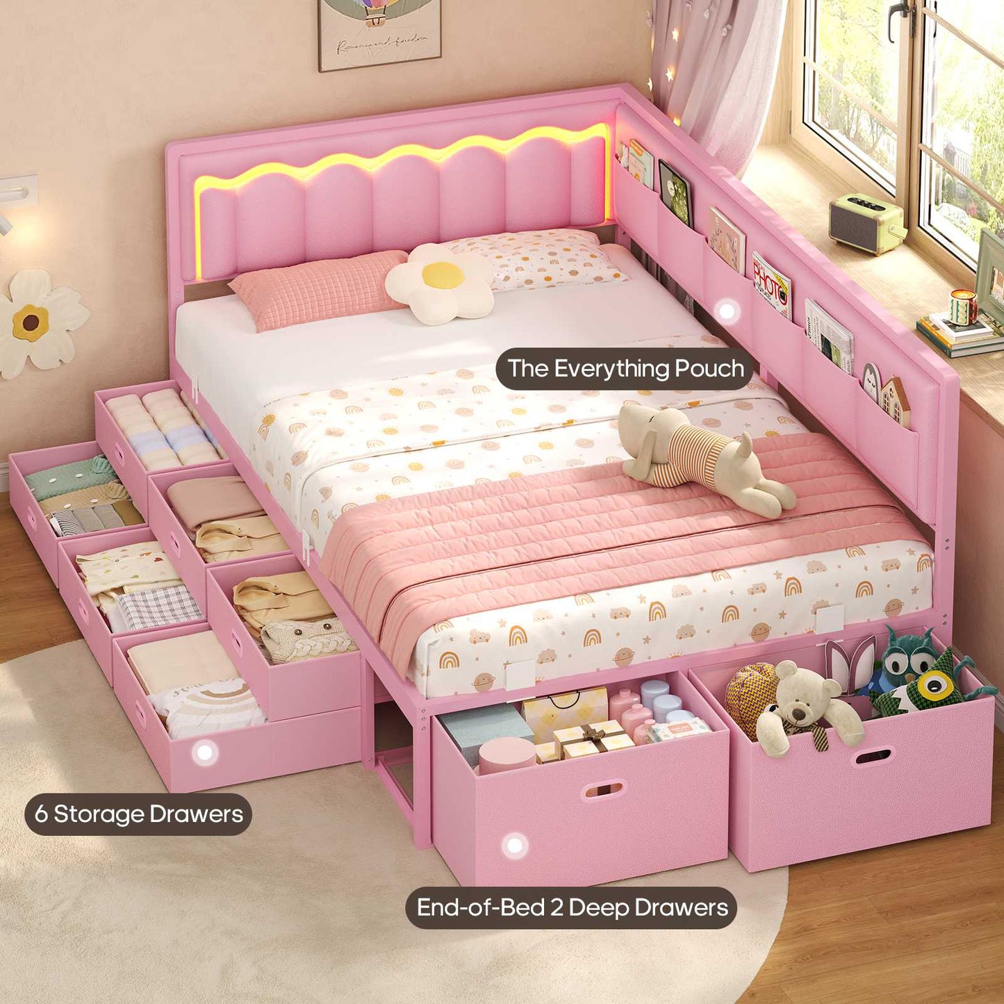 ADORNEVE Corner Bed Frame Twin size with 8 Drawers and 6 Storage Pockets Kids Daybed with RGB Wave Lights and L-Shaped Upholstered Guardrail