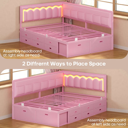 ADORNEVE Corner Bed Frame Twin size with 8 Drawers and 6 Storage Pockets Kids Daybed with RGB Wave Lights and L-Shaped Upholstered Guardrail