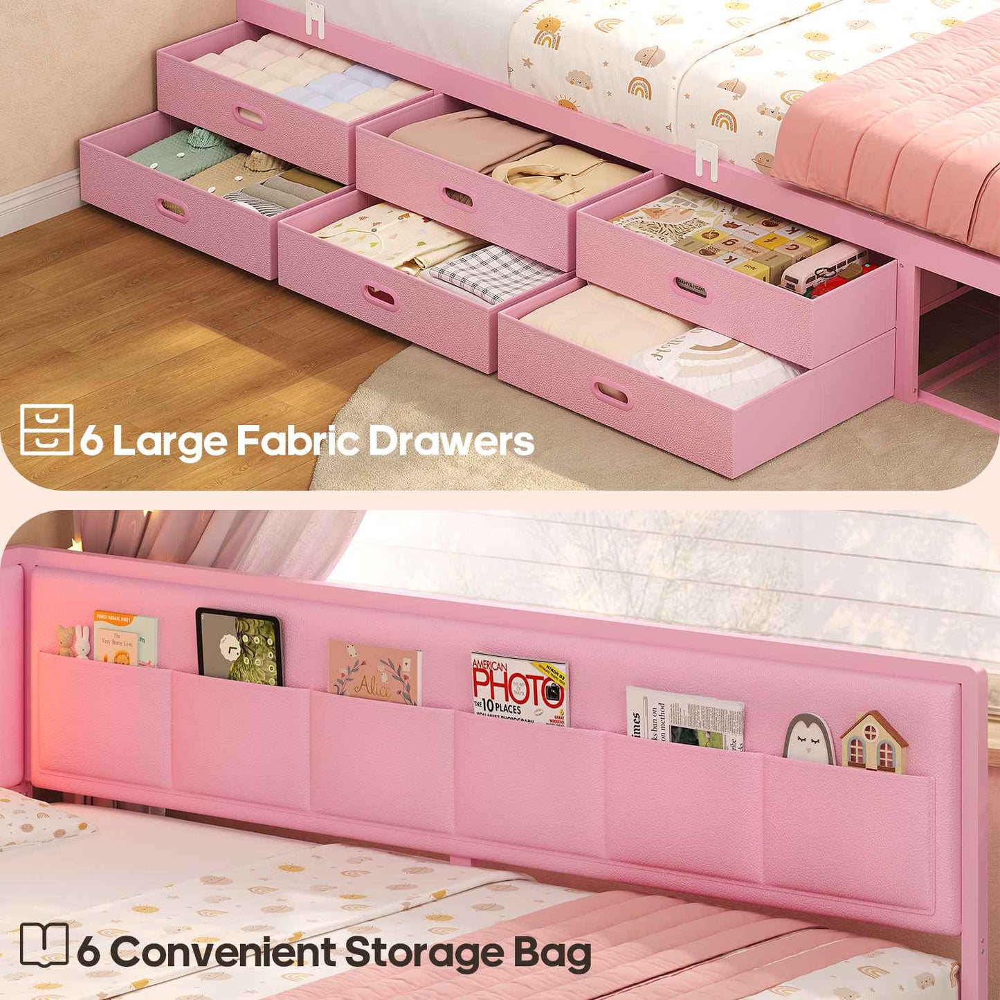 ADORNEVE Corner Bed Frame Twin size with 8 Drawers and 6 Storage Pockets Kids Daybed with RGB Wave Lights and L-Shaped Upholstered Guardrail