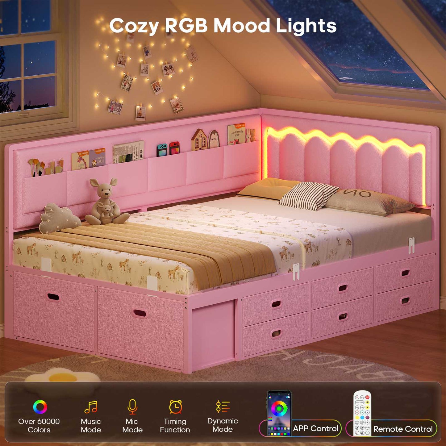 ADORNEVE Corner Bed Frame Twin size with 8 Drawers and 6 Storage Pockets Kids Daybed with RGB Wave Lights and L-Shaped Upholstered Guardrail