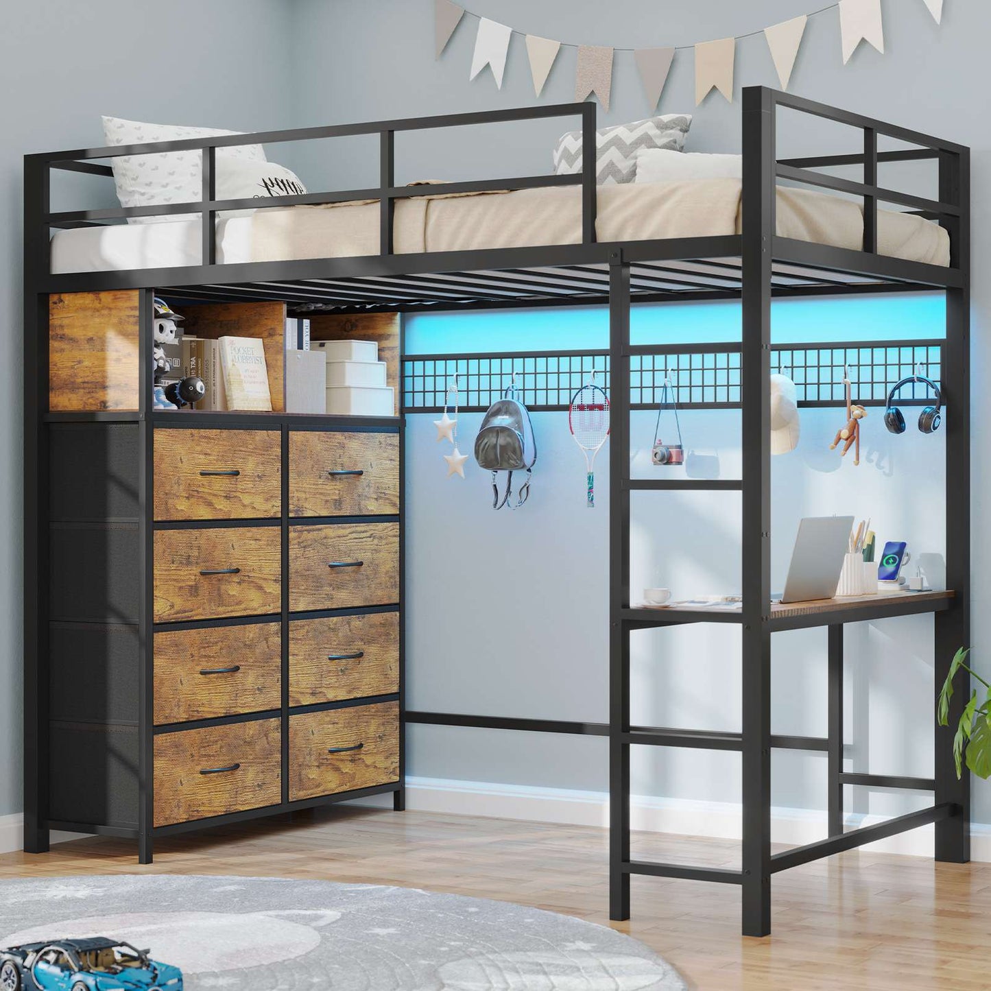 ADORNEVE Twin Size LED Loft Bed with Desk and 8 Storage Drawers
