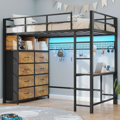 ADORNEVE Twin Size LED Loft Bed with Desk and 8 Storage Drawers
