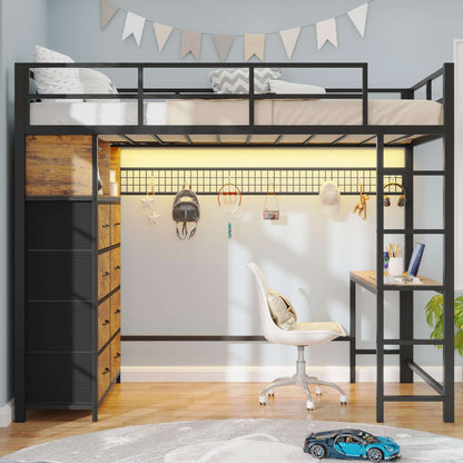 ADORNEVE Twin Size LED Loft Bed with Desk and 8 Storage Drawers