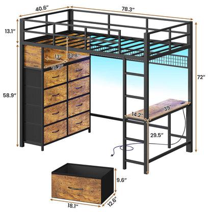 ADORNEVE Twin Size LED Loft Bed with Desk and 8 Storage Drawers