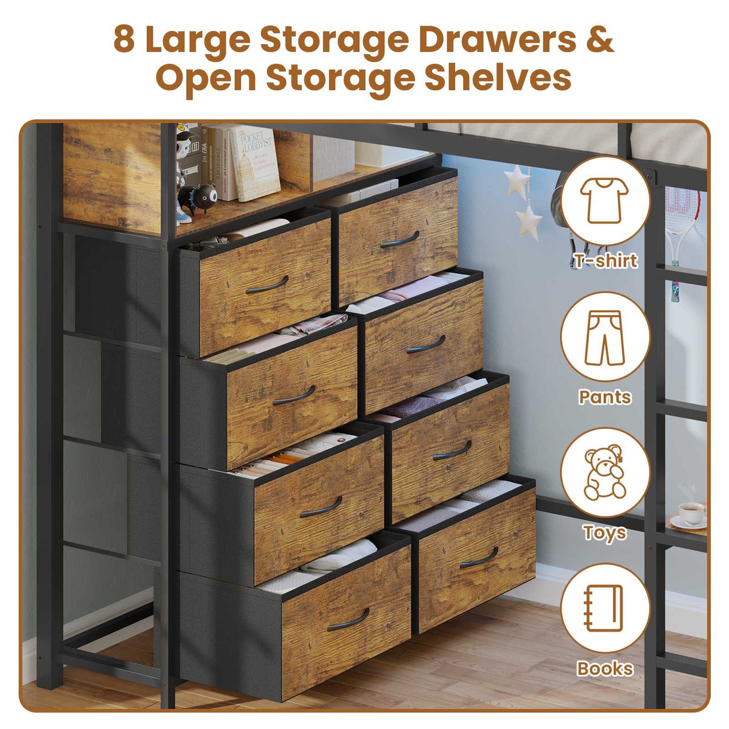 ADORNEVE Twin Size LED Loft Bed with Desk and 8 Storage Drawers
