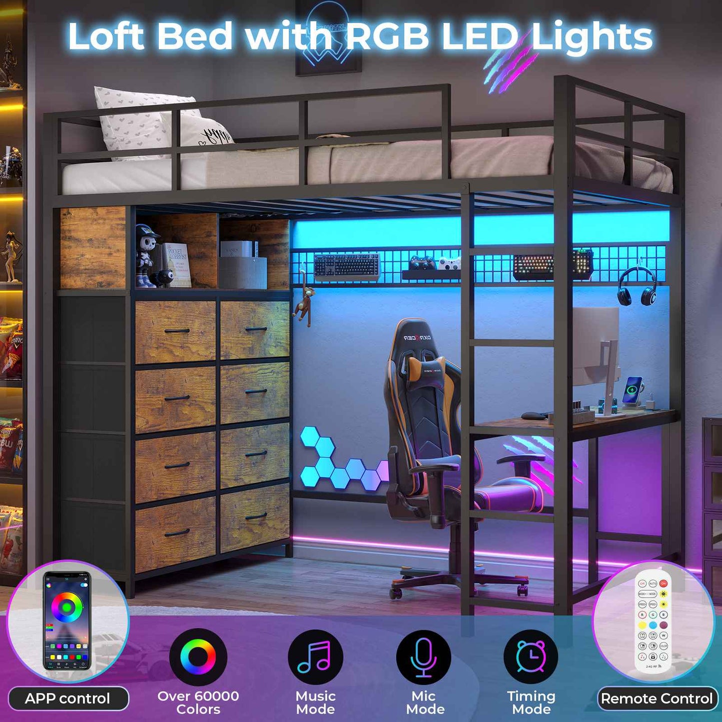 ADORNEVE Twin Size LED Loft Bed with Desk and 8 Storage Drawers