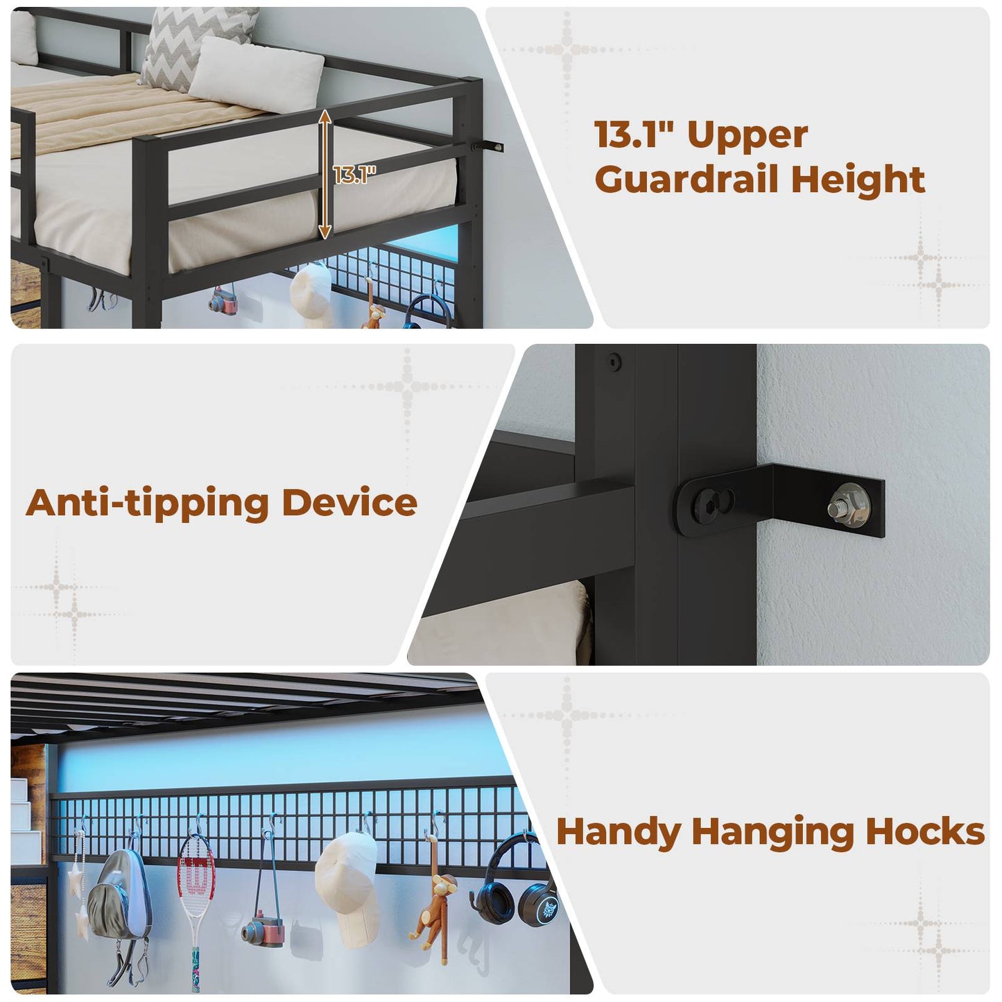 ADORNEVE Twin Size LED Loft Bed with Desk and 8 Storage Drawers