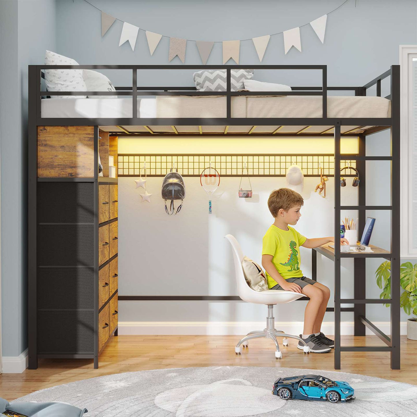 ADORNEVE Twin Size LED Loft Bed with Desk and 8 Storage Drawers