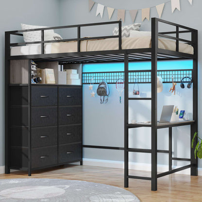 ADORNEVE Twin Size LED Loft Bed with Desk and 8 Storage Drawers
