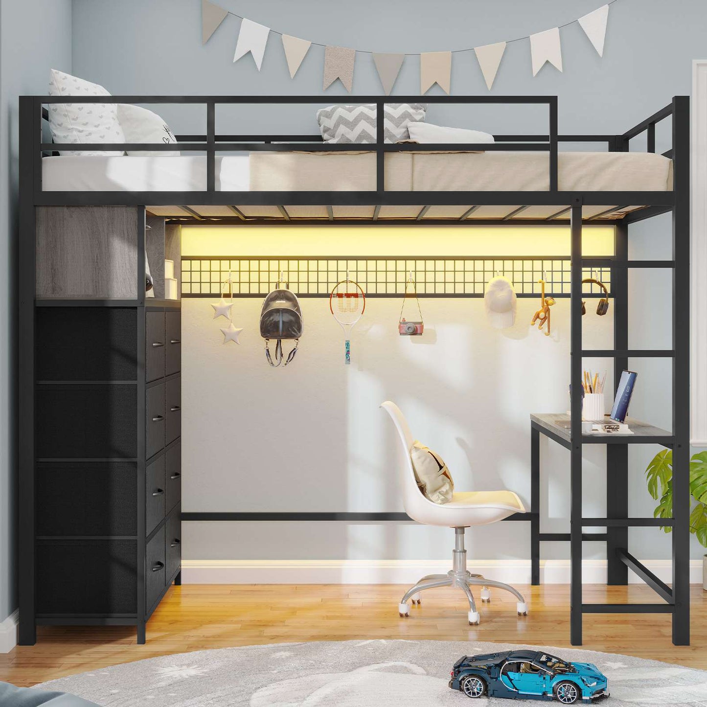 ADORNEVE Twin Size LED Loft Bed with Desk and 8 Storage Drawers