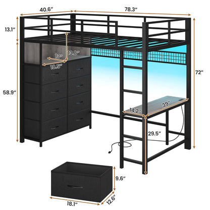 ADORNEVE Twin Size LED Loft Bed with Desk and 8 Storage Drawers
