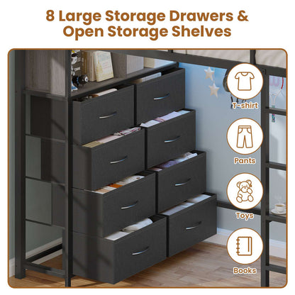ADORNEVE Twin Size LED Loft Bed with Desk and 8 Storage Drawers