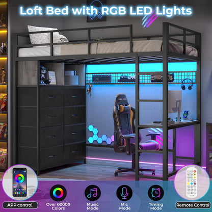 ADORNEVE Twin Size LED Loft Bed with Desk and 8 Storage Drawers