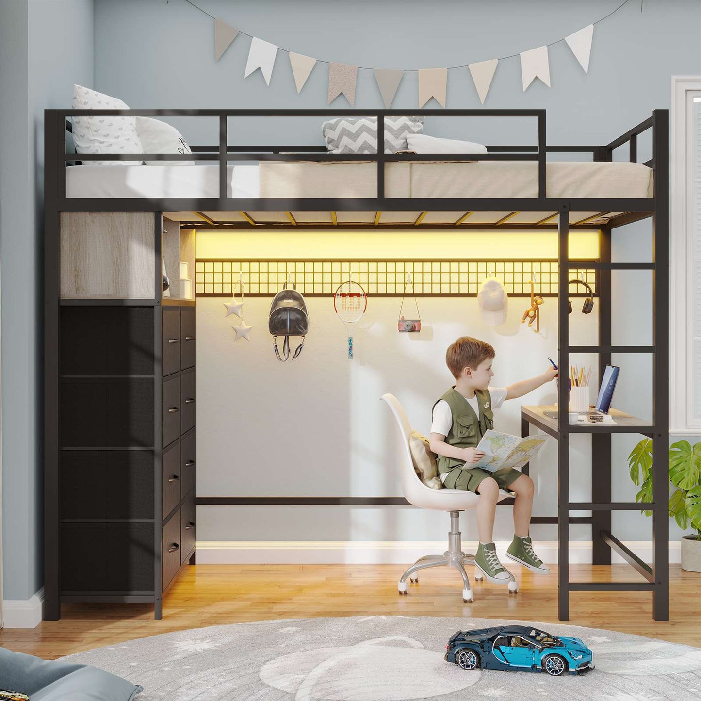 ADORNEVE Twin Size LED Loft Bed with Desk and 8 Storage Drawers