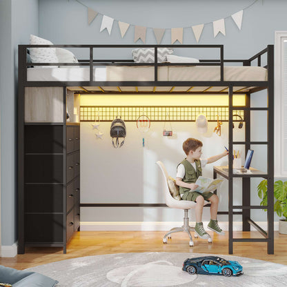 ADORNEVE Twin Size LED Loft Bed with Desk and 8 Storage Drawers