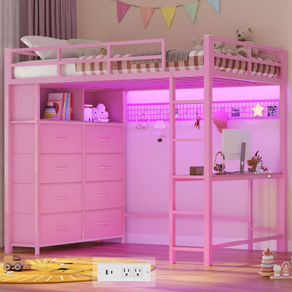 ADORNEVE Twin Size LED Loft Bed with Desk and 8 Storage Drawers