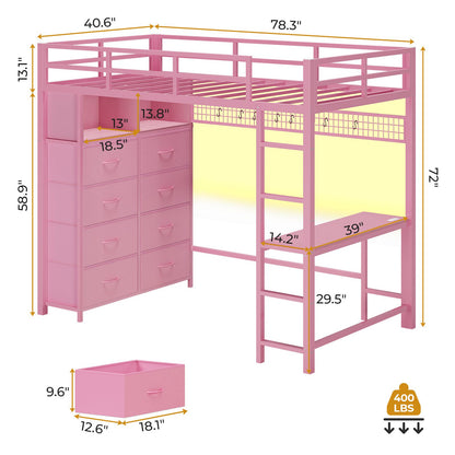 ADORNEVE Twin Size LED Loft Bed with Desk and 8 Storage Drawers