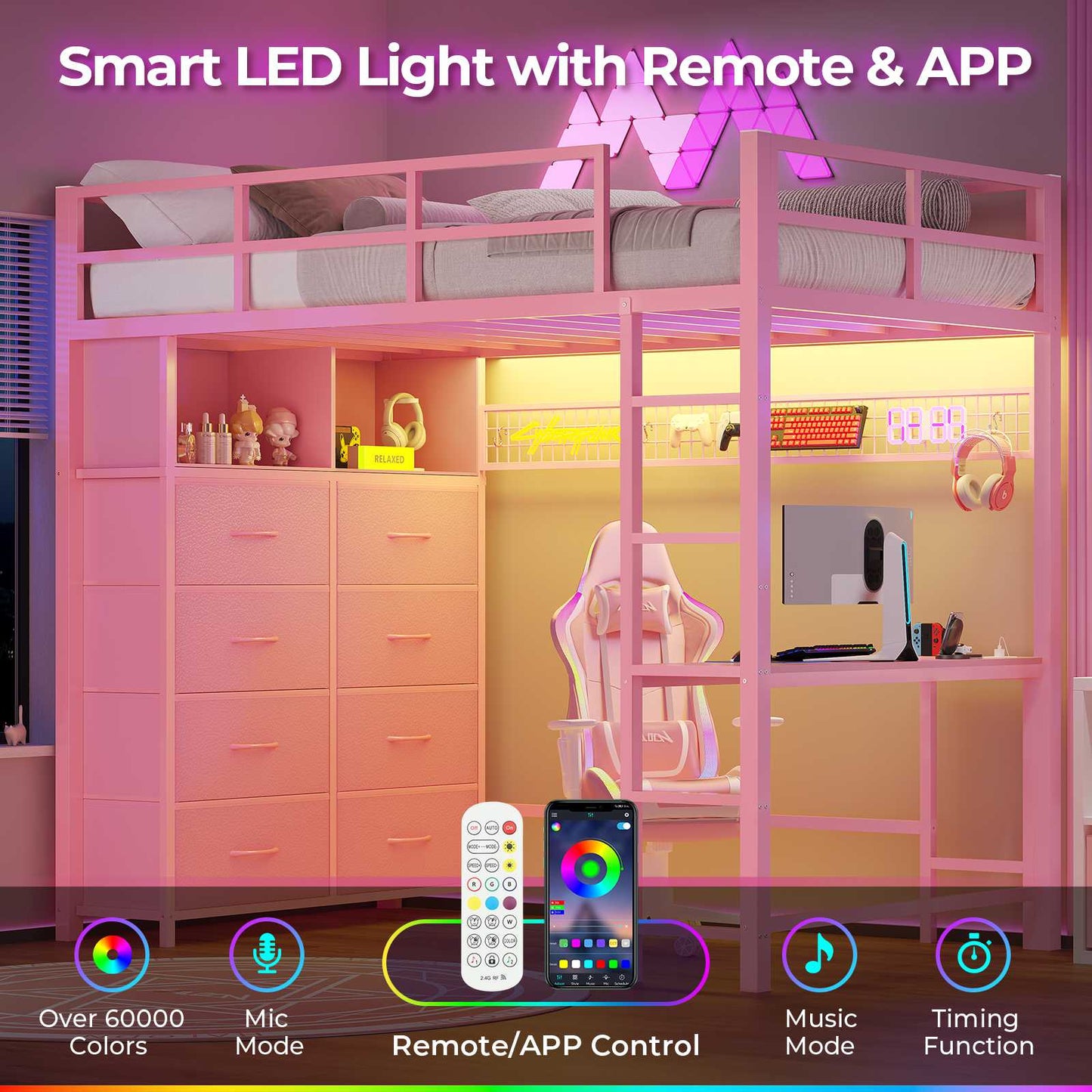 ADORNEVE Twin Size LED Loft Bed with Desk and 8 Storage Drawers