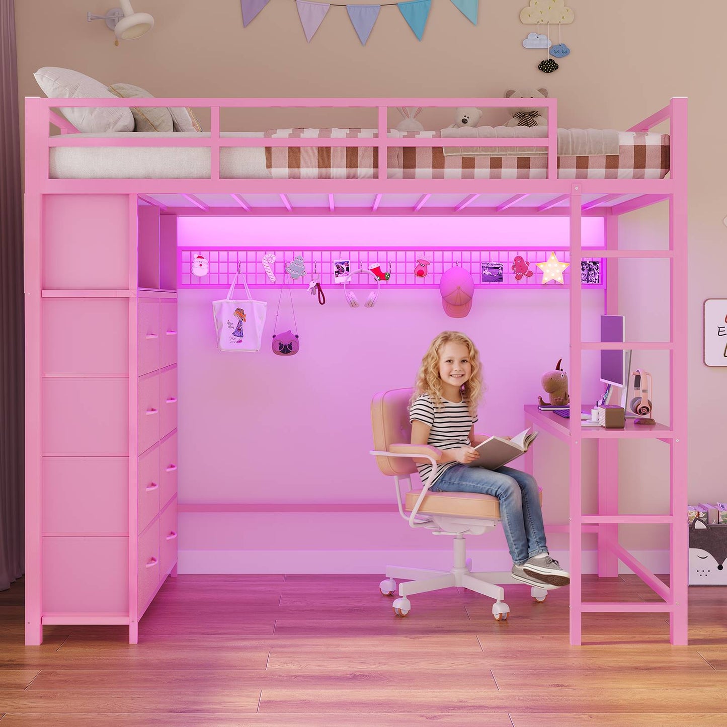 ADORNEVE Twin Size LED Loft Bed with Desk and 8 Storage Drawers