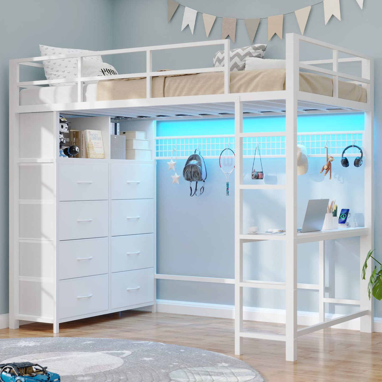 ADORNEVE Twin Size LED Loft Bed with Desk and 8 Storage Drawers