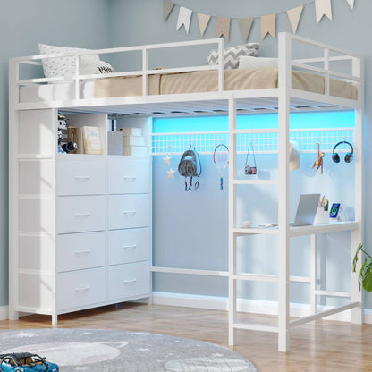 ADORNEVE Twin Size LED Loft Bed with Desk and 8 Storage Drawers