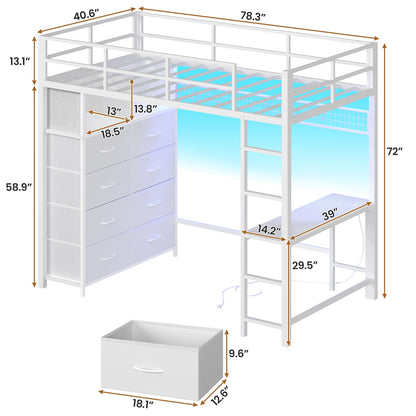 ADORNEVE Twin Size LED Loft Bed with Desk and 8 Storage Drawers