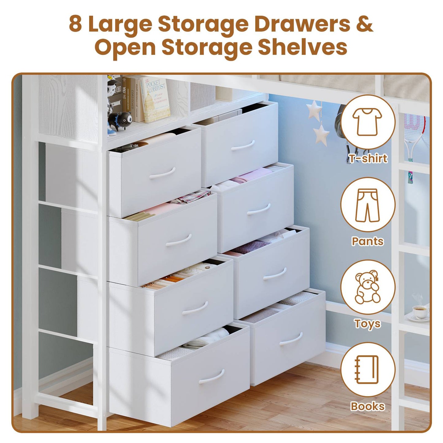 ADORNEVE Twin Size LED Loft Bed with Desk and 8 Storage Drawers