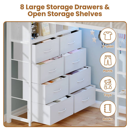 ADORNEVE Twin Size LED Loft Bed with Desk and 8 Storage Drawers