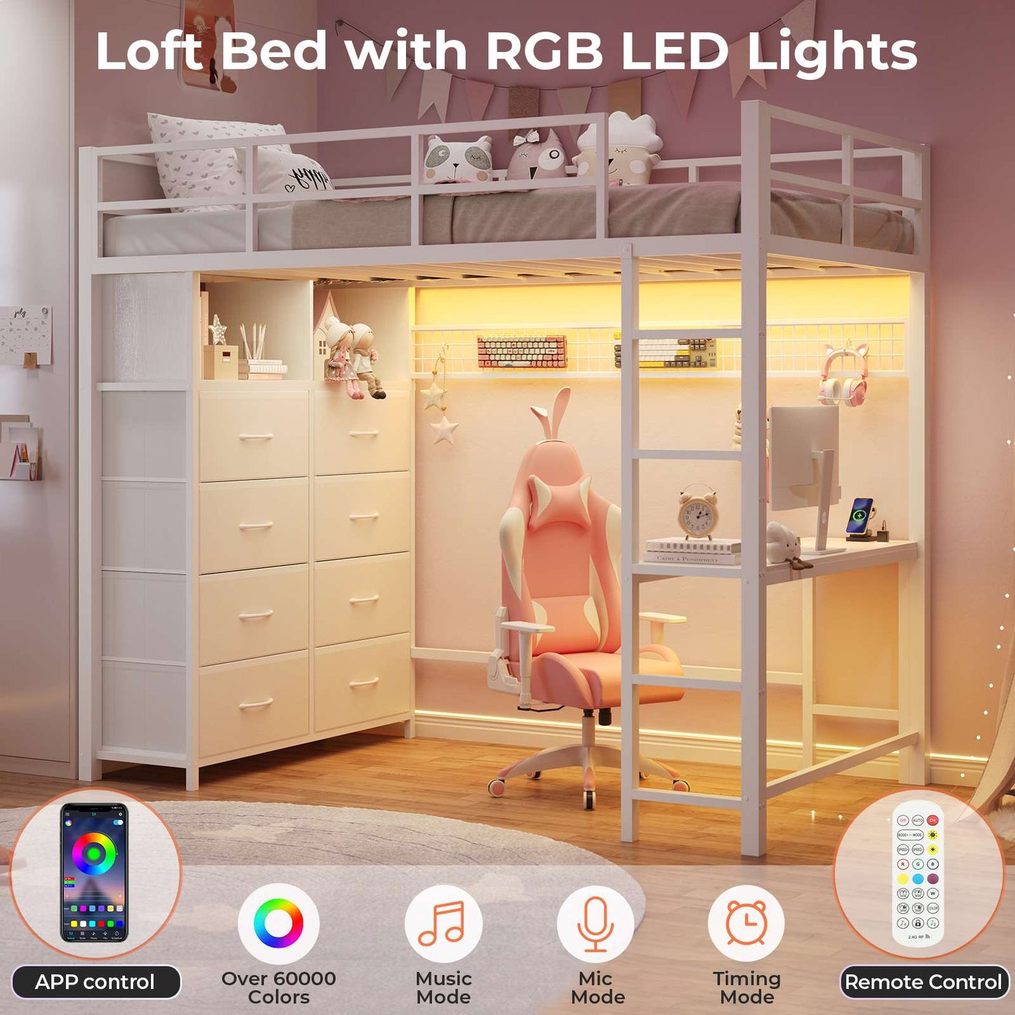 ADORNEVE Twin Size LED Loft Bed with Desk and 8 Storage Drawers